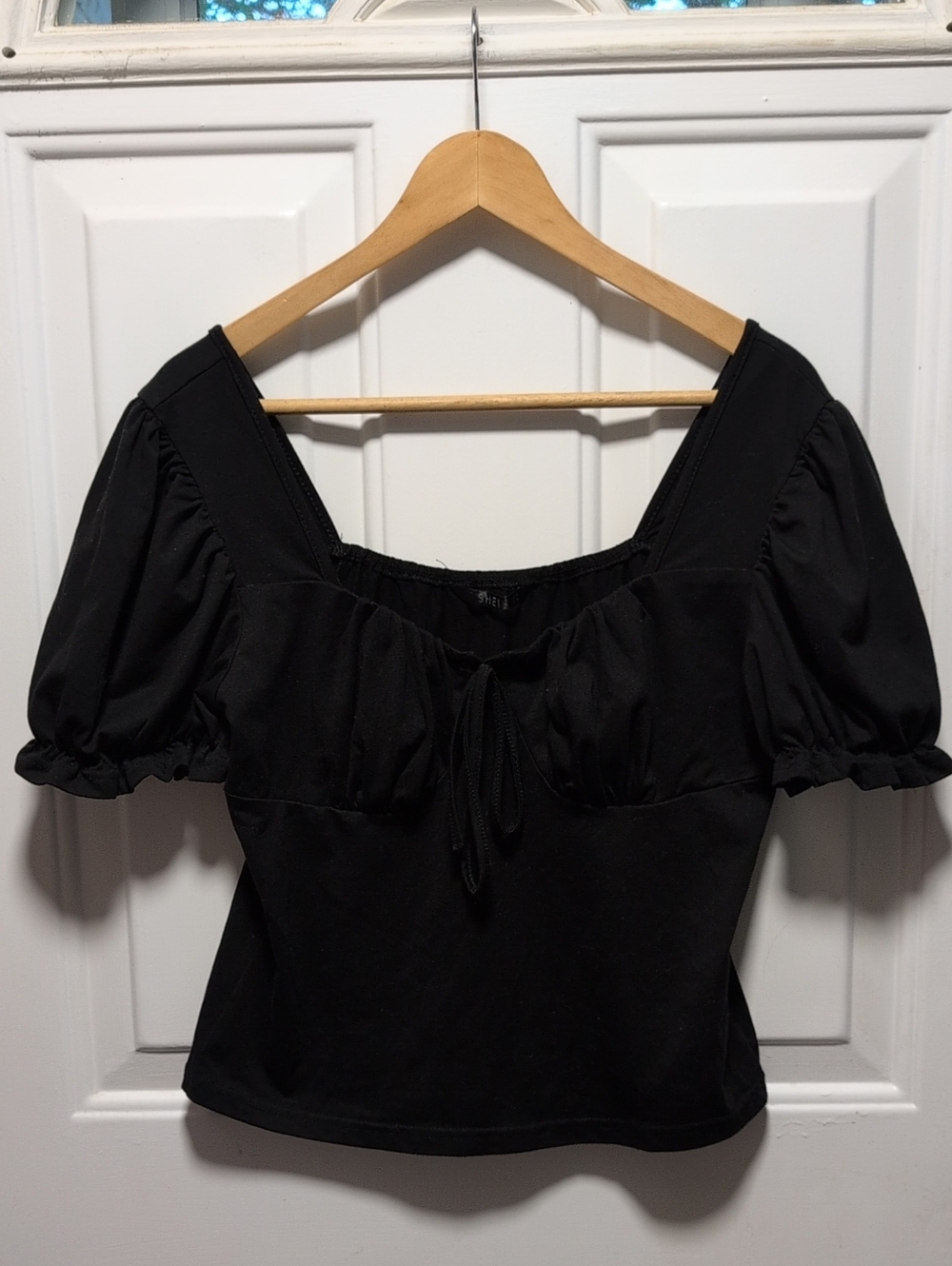 SHEIN Black Square-Neck Puff Sleeve Tie-Front Top